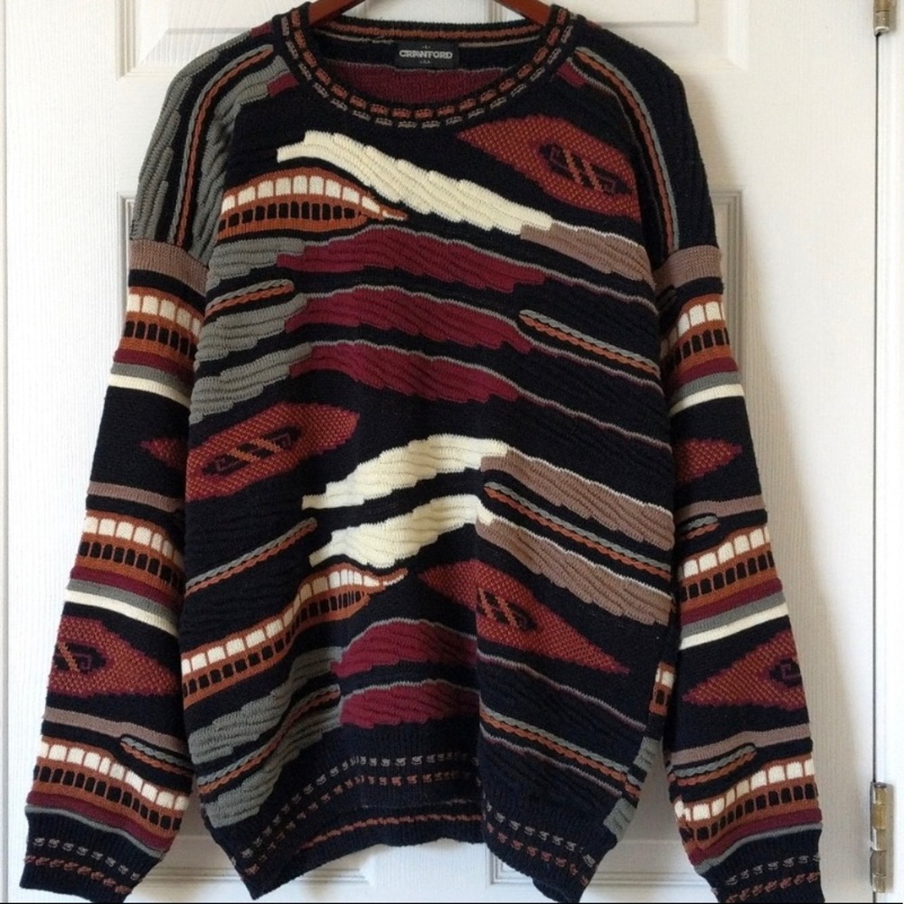 Crawford 80's Vintage Funky Earth Tone Textured Knit Coogi Style Crew Sweater L